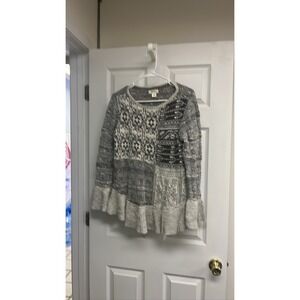 Style & Co Womens Gray White Patchwork Knit Tunic‎ Sweater Ruffled Hem Sz M